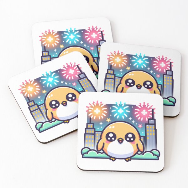 Item preview, Fireworks Over City Skyline With Kawaii Yellow Bird designed and sold by BassHeadMomma.