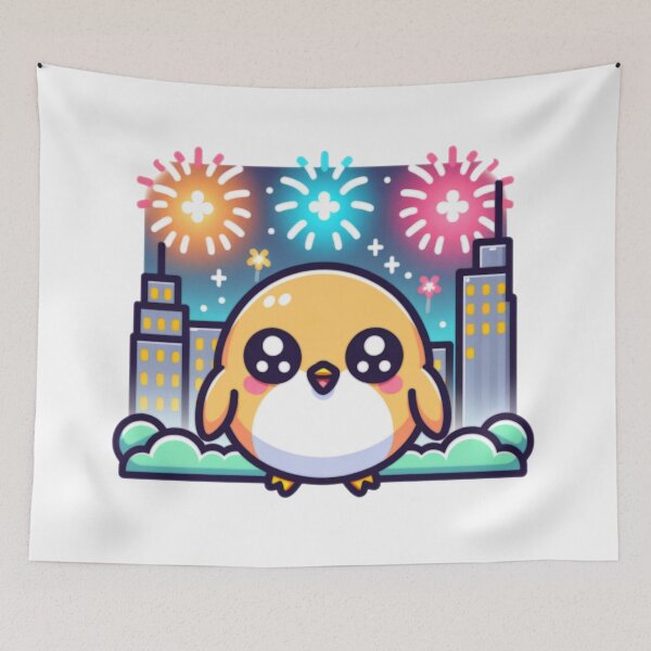 Item preview, Fireworks Over City Skyline With Kawaii Yellow Bird designed and sold by BassHeadMomma.