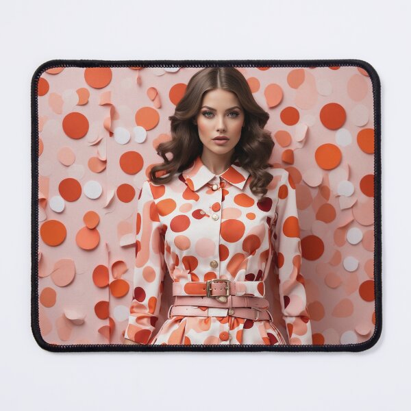 Item preview, feminine woman wearing spring dress with spots red orange tones designed and sold by Carlos Gudino.