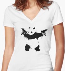 Banksy Panda With Guns Women's Fitted V-Neck T-Shirt