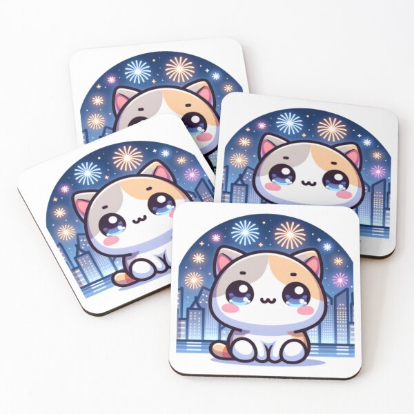 Item preview, Fireworks Over City Skyline With Kawaii Cat designed and sold by BassHeadMomma.