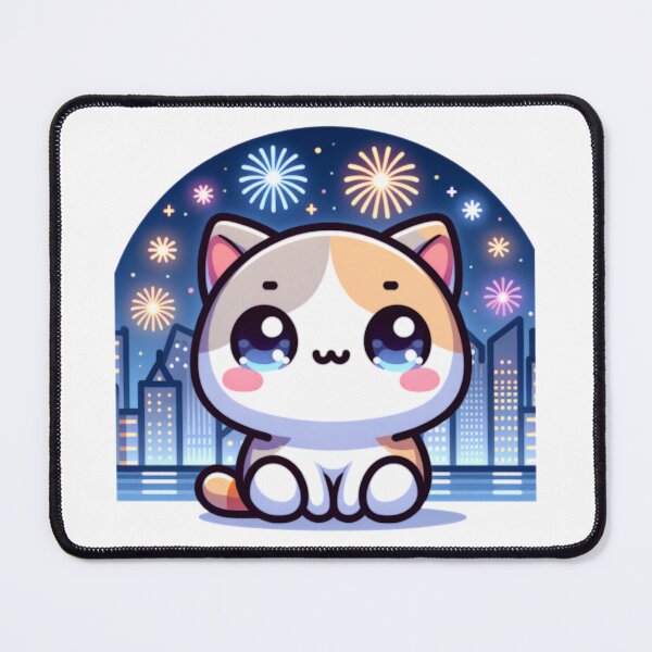 Item preview, Fireworks Over City Skyline With Kawaii Cat designed and sold by BassHeadMomma.