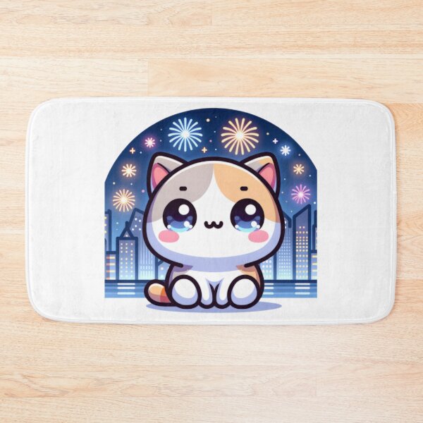 Item preview, Fireworks Over City Skyline With Kawaii Cat designed and sold by BassHeadMomma.