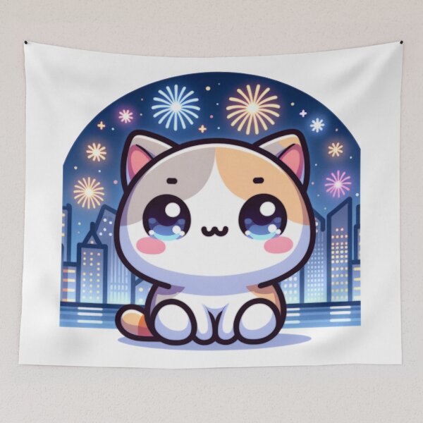 Item preview, Fireworks Over City Skyline With Kawaii Cat designed and sold by BassHeadMomma.