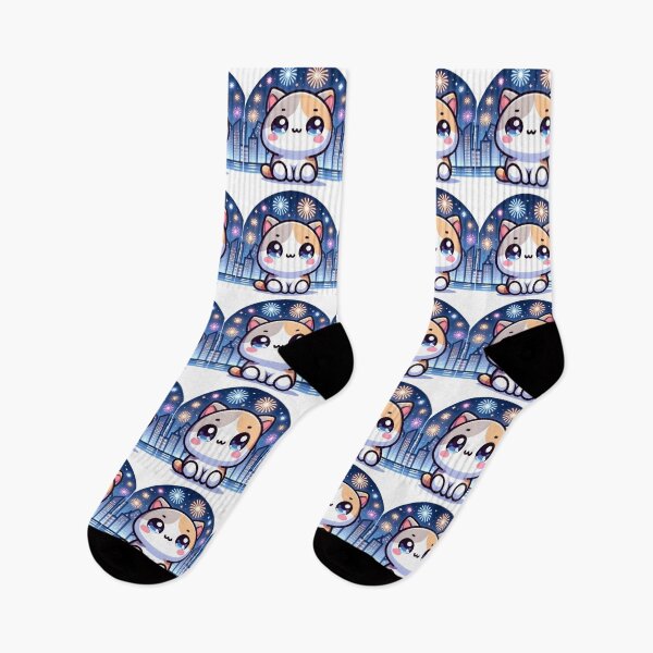 Item preview, Fireworks Over City Skyline With Kawaii Cat designed and sold by BassHeadMomma.