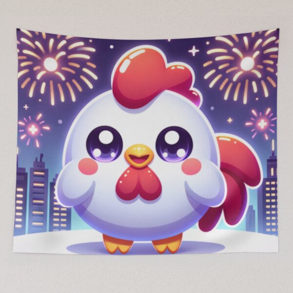 Item preview, Fireworks Over City Skyline With Kawaii Rooster designed and sold by BassHeadMomma.