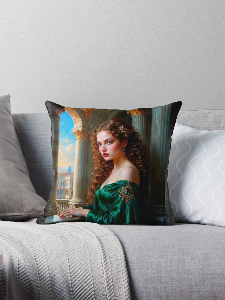 Elegant Renaissance Woman in Green Dress Captivating AI Concept Art Portrait by Xzendor7 Decorative Art Print Throw Pillow