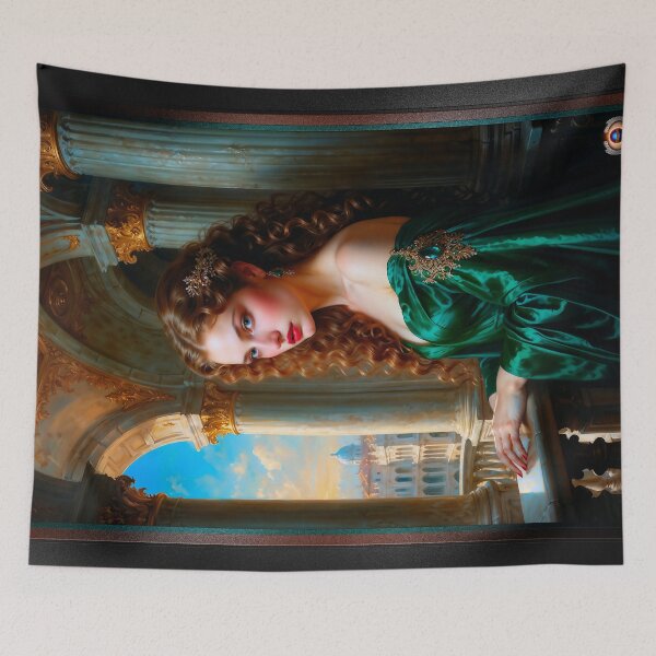 Item preview, Elegant Renaissance Woman in Green Dress Captivating AI Concept Art Portrait by Xzendor7 designed and sold by Xzendor7 Digital Art Creations.