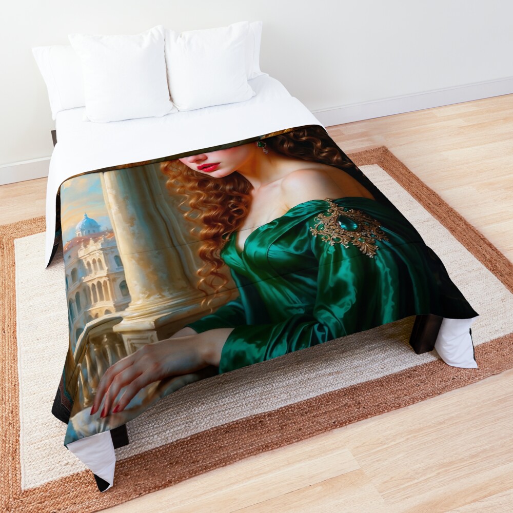 Elegant Renaissance Woman in Green Dress Captivating AI Concept Art Portrait by Xzendor7 Decorative Art Print Comforter