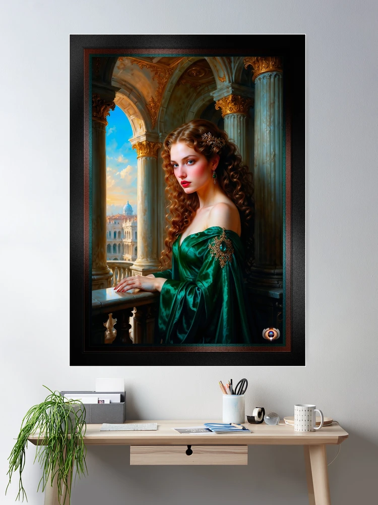 Elegant Renaissance Woman in Green Dress Captivating AI Concept Art Portrait by Xzendor7 Room Decor Poster Art Print 