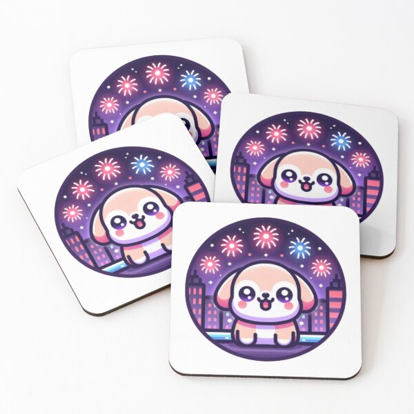 Item preview, Fireworks Over City Skyline With Kawaii Dog designed and sold by BassHeadMomma.