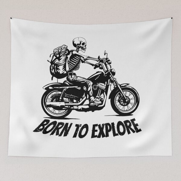 Item preview, BORN TO EXPLORE : Skeleton carrying a backpack riding a motorcycle designed and sold by MUJU-pixel.