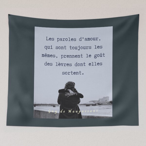 Item preview, Guy de Maupassant portrait and quote: Les paroles d'amour, qui sont toujours les mêmes, prennent le goût des lèvres dont elles sortent. designed and sold by artbleed.