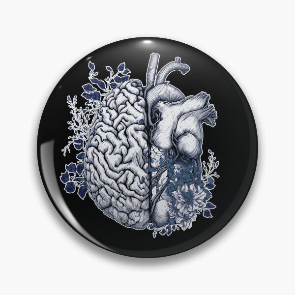 Item preview, half brain half heart, blue navy drawing, brain or heart and feeling, human heart and brain botanical style designed and sold by Collagedream.