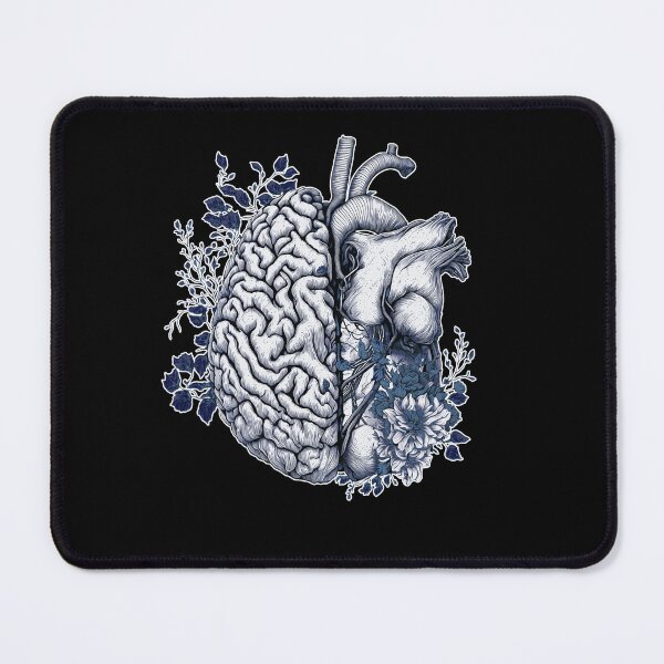 Item preview, half brain half heart, blue navy drawing, brain or heart and feeling, human heart and brain botanical style designed and sold by Collagedream.