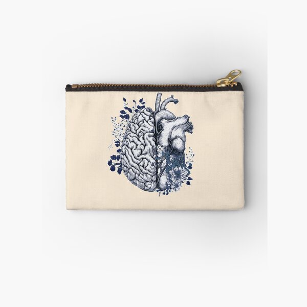 Item preview, half brain half heart, blue navy drawing, brain or heart and feeling, human heart and brain botanical style designed and sold by Collagedream.