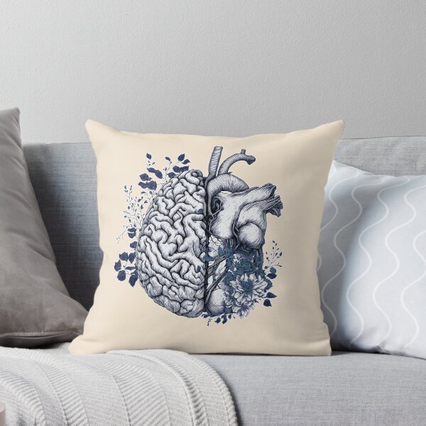 Item preview, half brain half heart, blue navy drawing, brain or heart and feeling, human heart and brain botanical style designed and sold by Collagedream.