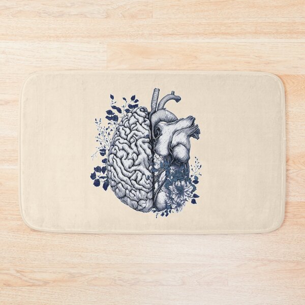 Item preview, half brain half heart, blue navy drawing, brain or heart and feeling, human heart and brain botanical style designed and sold by Collagedream.
