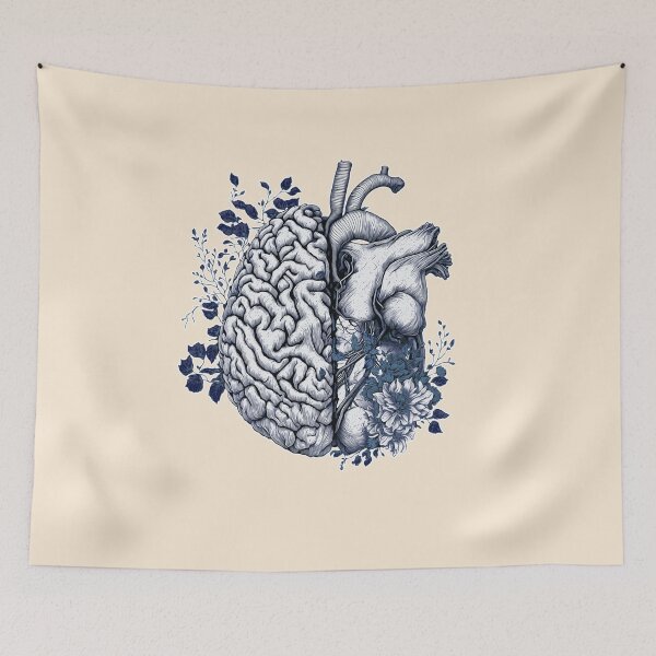 Item preview, half brain half heart, blue navy drawing, brain or heart and feeling, human heart and brain botanical style designed and sold by Collagedream.