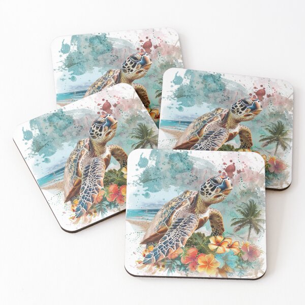 Item preview, Tropical  sea turtle on beach with flowers designed and sold by Inktown.