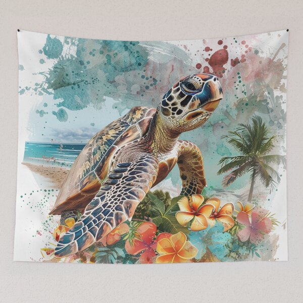 Item preview, Tropical  sea turtle on beach with flowers designed and sold by Inktown.