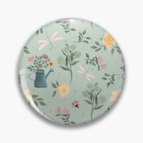 Item preview, Garden companions including ladybugs, dragonflies, watering can, and lots of flowers on a whimsical light teal background designed and sold by JasmineGDesigns.