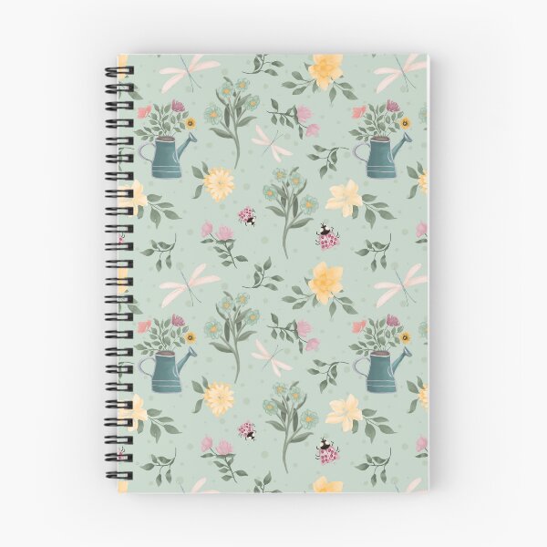 Item preview, Garden companions including ladybugs, dragonflies, watering can, and lots of flowers on a whimsical light teal background designed and sold by JasmineGDesigns.