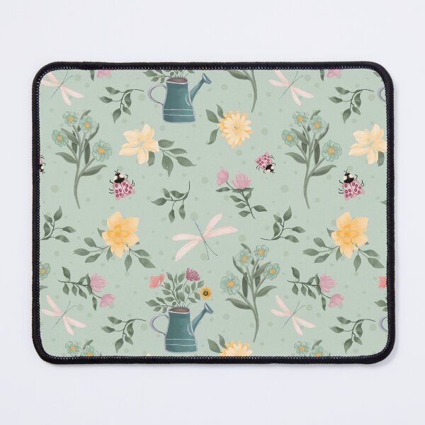 Item preview, Garden companions including ladybugs, dragonflies, watering can, and lots of flowers on a whimsical light teal background designed and sold by JasmineGDesigns.