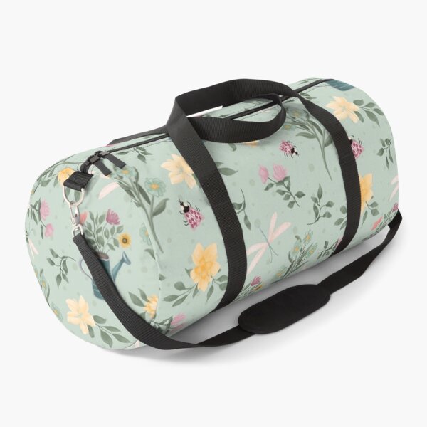 Item preview, Garden companions including ladybugs, dragonflies, watering can, and lots of flowers on a whimsical light teal background designed and sold by JasmineGDesigns.