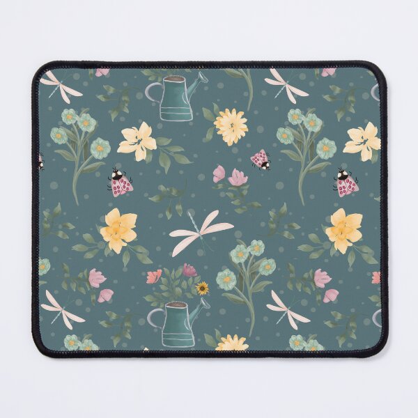 Item preview, Garden companions including ladybugs, dragonflies, watering can, and lots of flowers on a whimsical moody dark teal background designed and sold by JasmineGDesigns.