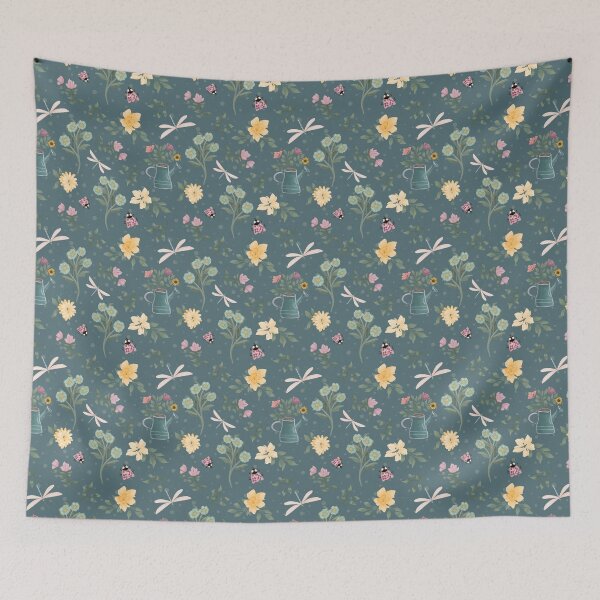 Item preview, Garden companions including ladybugs, dragonflies, watering can, and lots of flowers on a whimsical moody dark teal background designed and sold by JasmineGDesigns.
