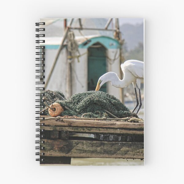 Item preview, A white egret inspecting the nets designed and sold by Timothy Gass.