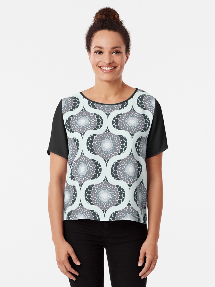 Chiffon Top, Radiant Silver Smoke Dot Mandala Retro Ogee designed and sold by Triplicate Limited