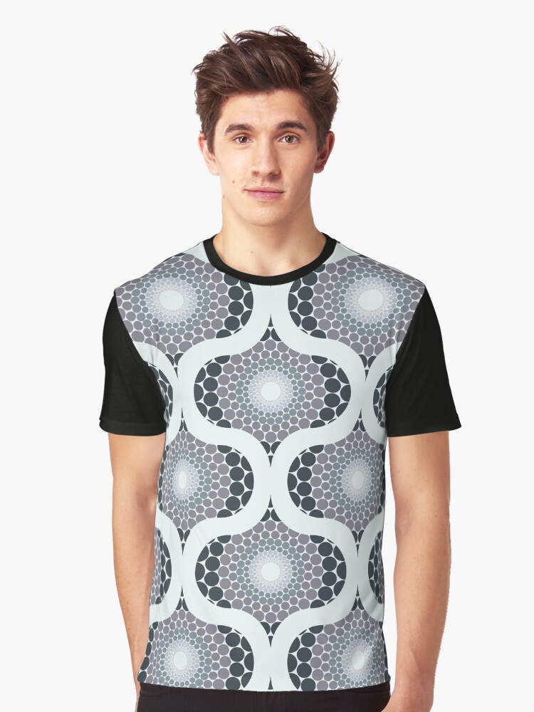 Graphic T-Shirt, Radiant Silver Smoke Dot Mandala Retro Ogee designed and sold by Triplicate Limited
