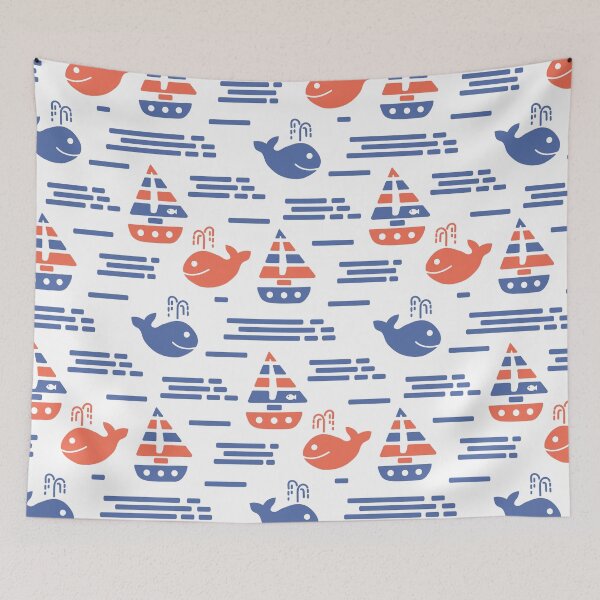 Item preview, Summer retro pattern with whales and sailboats in the sea designed and sold by Deepness2023.