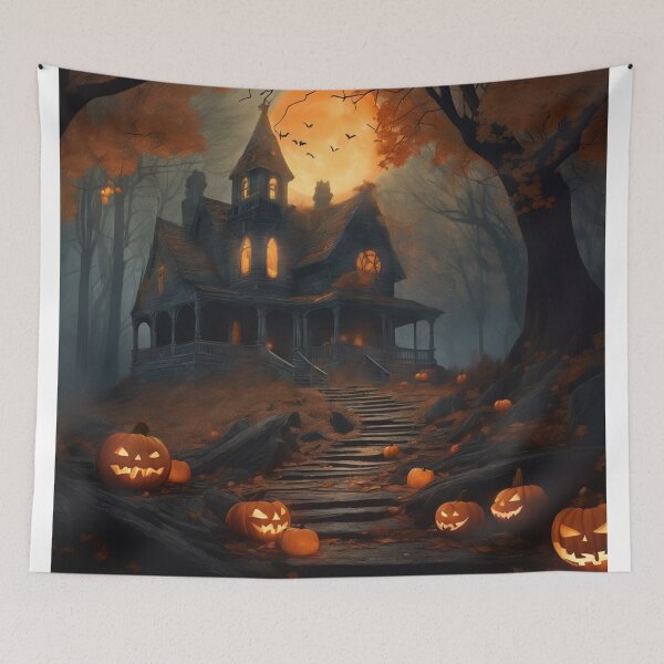 Item preview, Moonlit Haunted House Bats Pumpkins & Haunting Autumn Shadows designed and sold by EnchantedVista.