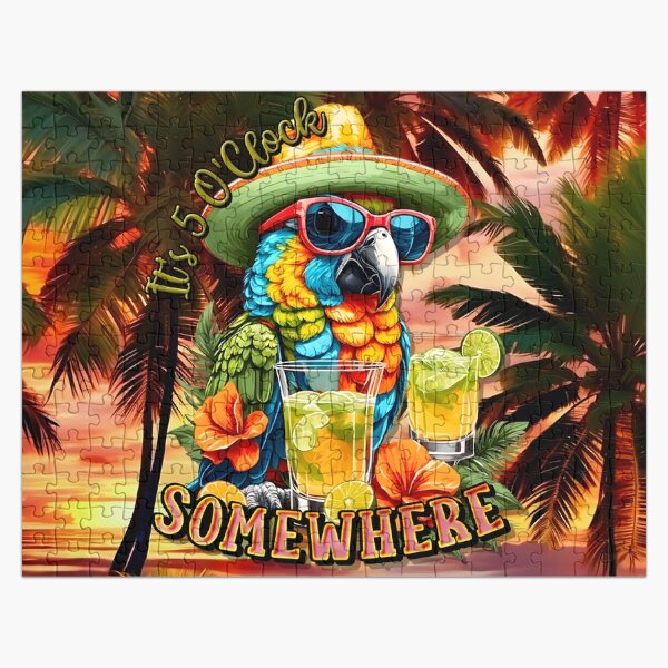Artikel-Vorschau von Irgendwo ist es 5 Uhr Tropischer Papageiencocktail Sonnenuntergang am Strand, designt und verkauft von MindWave THC.