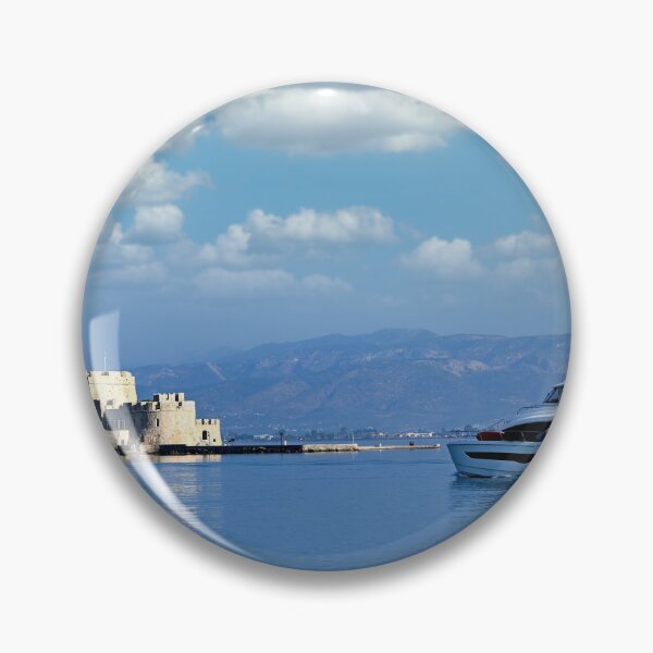 Item preview, Luxury yacht sails near Bourtzi Venetian water fortress in Nafplio, Peloponnese, Greece designed and sold by goceris.