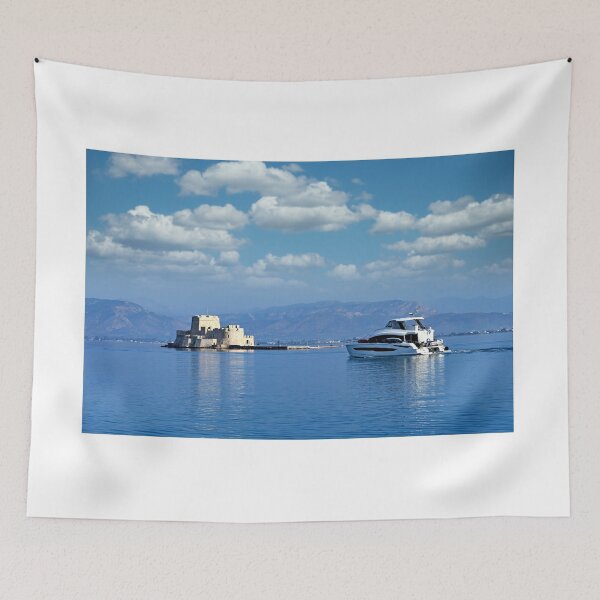 Item preview, Luxury yacht sails near Bourtzi Venetian water fortress in Nafplio, Peloponnese, Greece designed and sold by goceris.