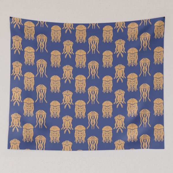 Item preview, Wavy Jellyfish Sea Animals Linocut Style orange and blue designed and sold by NayaChu.