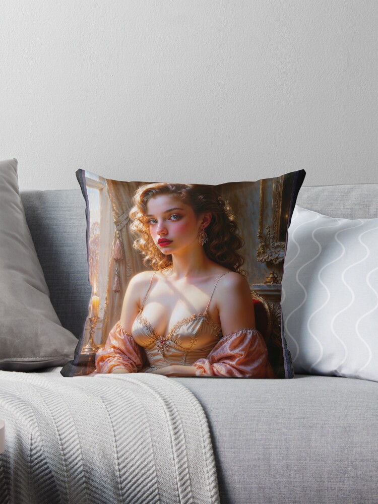 An Enchanting Victorian Beauty In Golden Sunset Lighting Captivating AI Concept Art by Xzendor7 Decorative Art Print Portrait Throw Pillow