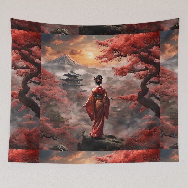 Item preview, Beautiful abstract geisha, kimono , in sunrise with flowers designed and sold by Coolparrotgirl.