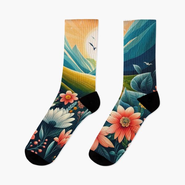 Item preview, The design is colorful with orange, pink and white flowers, with a mountainous and floral pattern. designed and sold by Ulykit.
