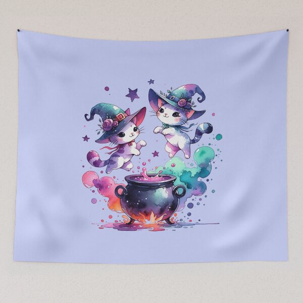 Item preview, Whimsical watercolour witchy cats dancing around a cauldron designed and sold by BritishDelights.