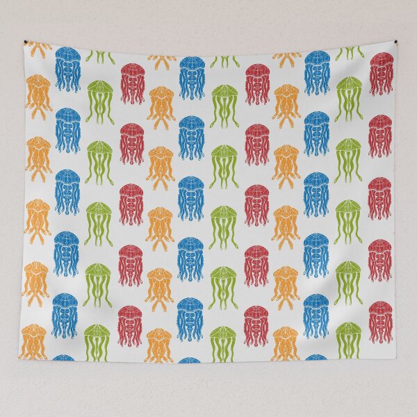 Item preview, Wavy Colored Jellyfish Sea Animals Linocut Style on a white background designed and sold by NayaChu.