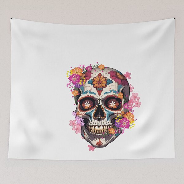 Aperçu de l'œuvre Crâne de Catrina parmi les fleurs colorées créée et vendue par studio468.