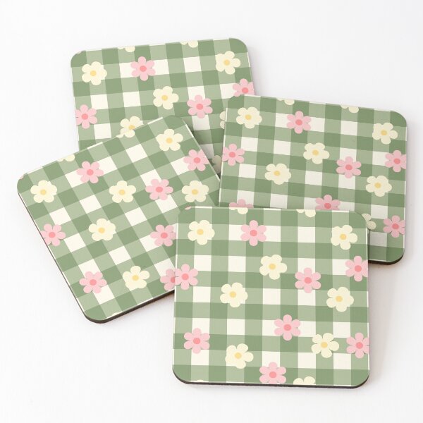 Item preview, Green Vichy gingham with pink and white flowers, picnic, summer feeling designed and sold by Blondiella.