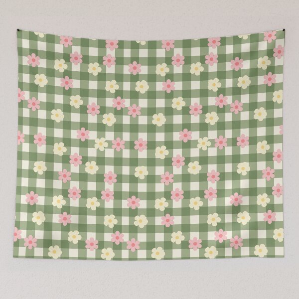 Item preview, Green Vichy gingham with pink and white flowers, picnic, summer feeling designed and sold by Blondiella.