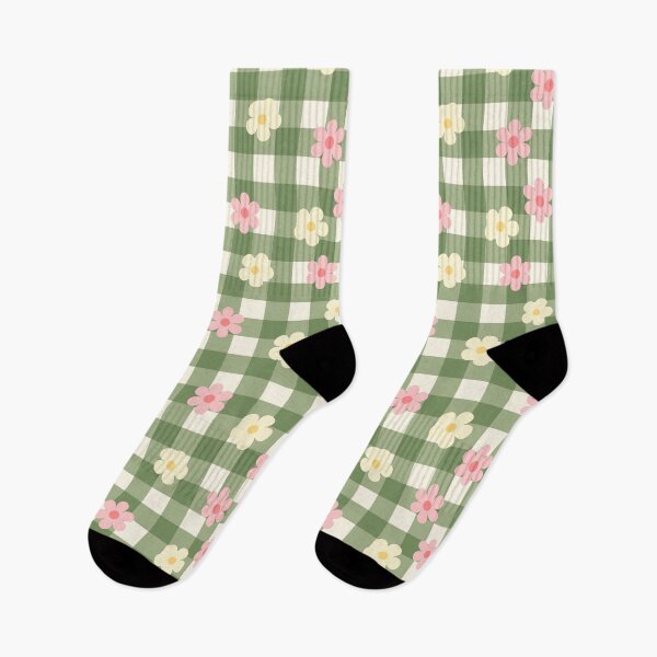Item preview, Green Vichy gingham with pink and white flowers, picnic, summer feeling designed and sold by Blondiella.