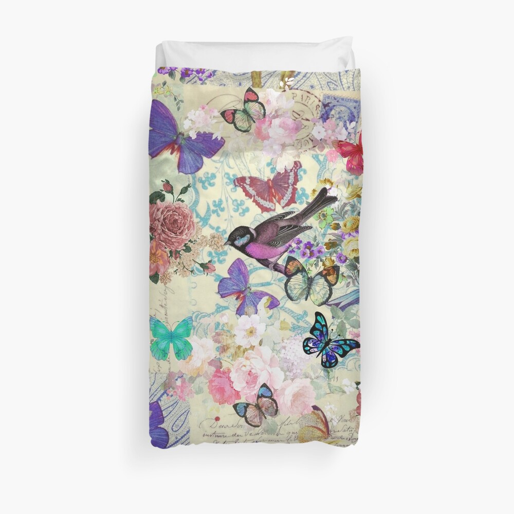 Colorful bird butterflies vintage floral pattern Duvet Cover